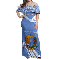 Somalia Off Shoulder Maxi Dress with Coat of Arms One Star One Nation Blue White Spirit