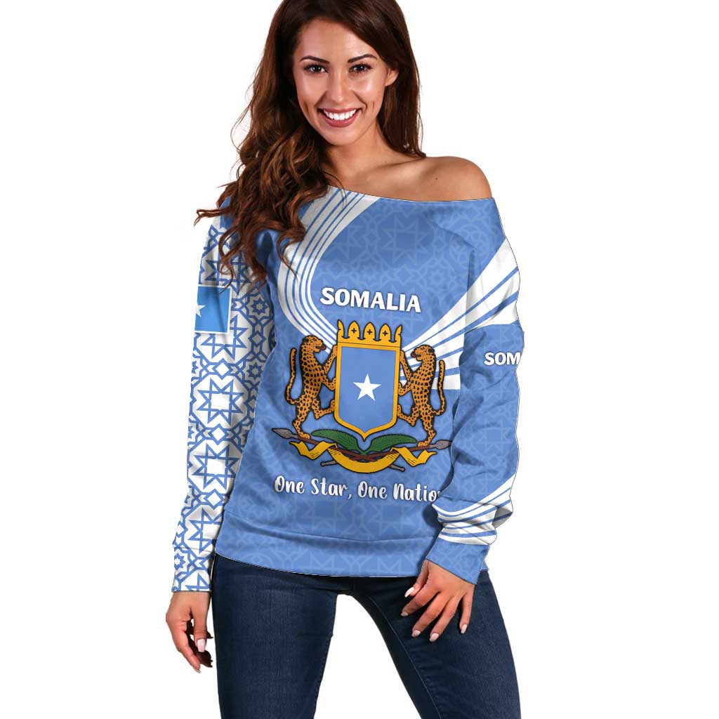 Somalia Off Shoulder Sweater with Coat of Arms One Star One Nation Blue White Spirit