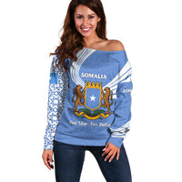 Somalia Off Shoulder Sweater with Coat of Arms One Star One Nation Blue White Spirit