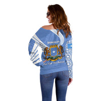 Somalia Off Shoulder Sweater with Coat of Arms One Star One Nation Blue White Spirit