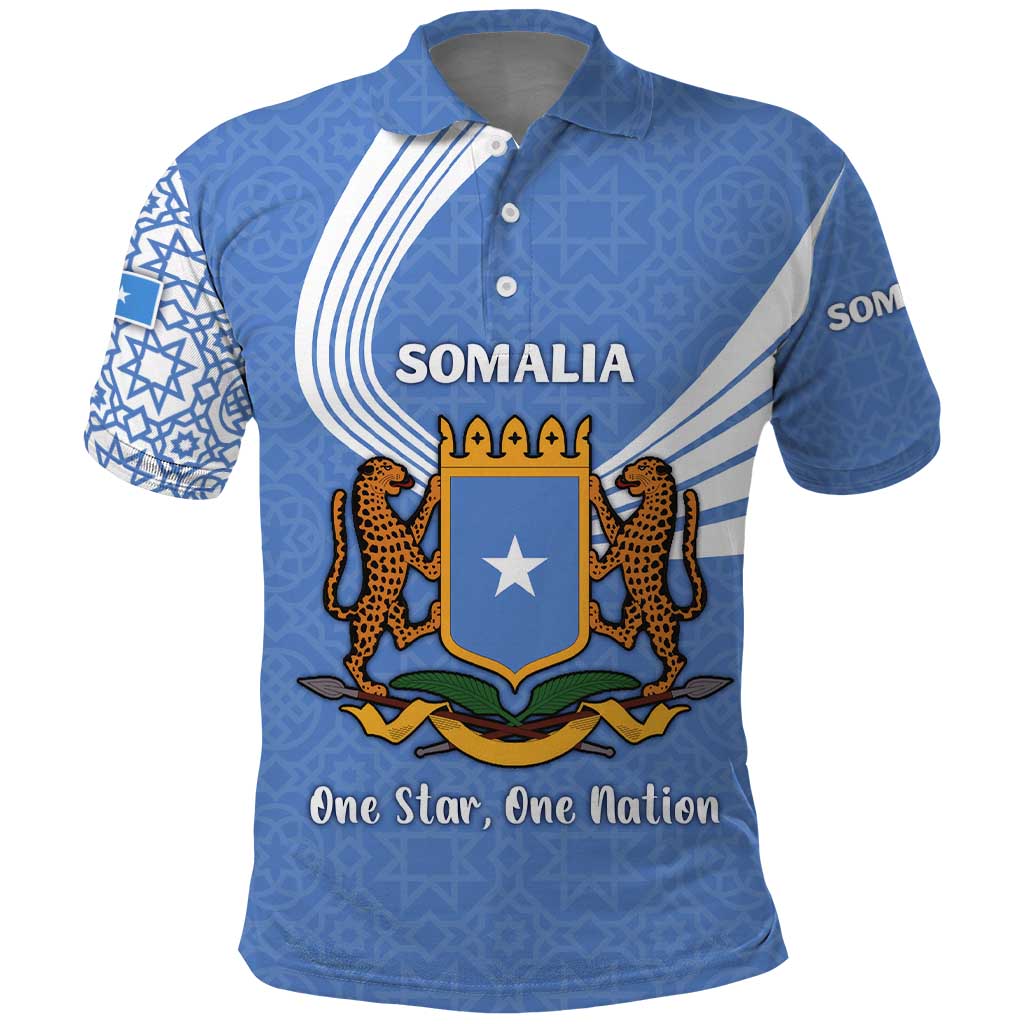 Somalia Polo Shirt with Coat of Arms One Star One Nation Blue White Spirit