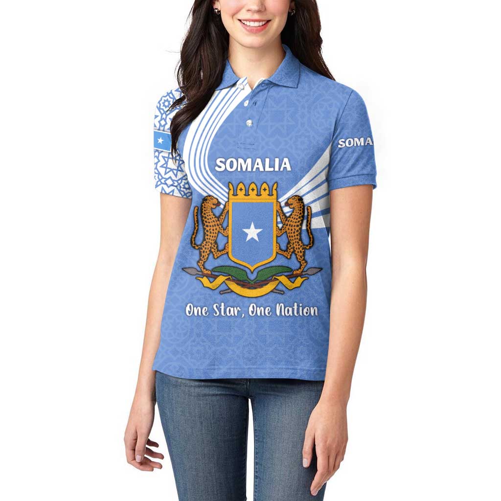 Somalia Women Polo Shirt with Coat of Arms One Star One Nation Blue White Spirit