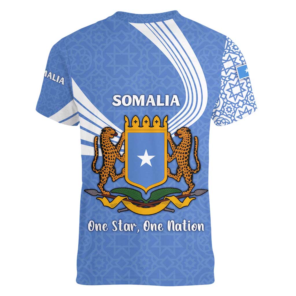 Somalia Women V-Neck T-Shirt with Coat of Arms One Star One Nation Blue White Spirit