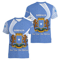 Somalia Women V-Neck T-Shirt with Coat of Arms One Star One Nation Blue White Spirit