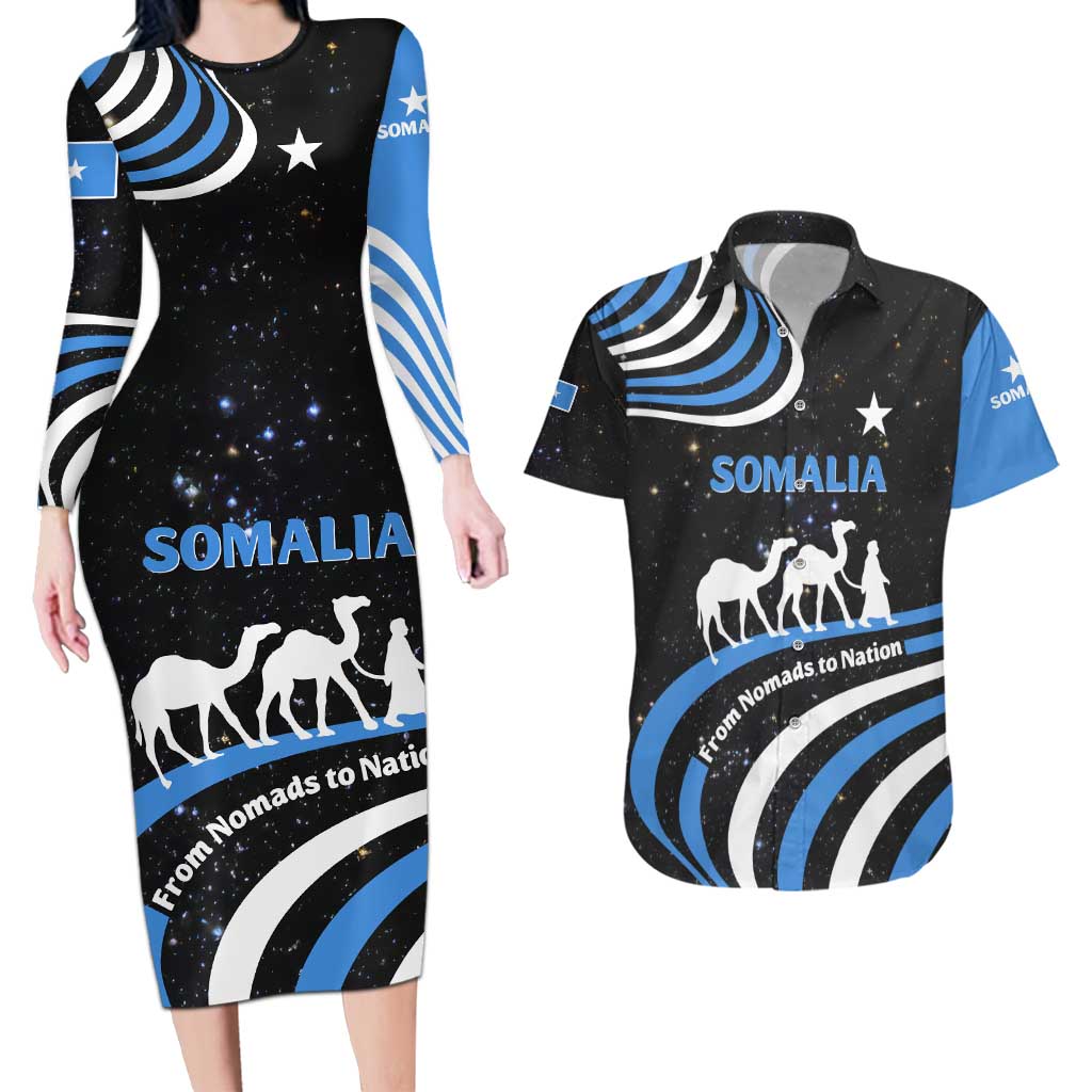 Somalia Couples Matching Long Sleeve Bodycon Dress and Hawaiian Shirt with From Nomads to Nation Camel Galaxy Flag Spirit