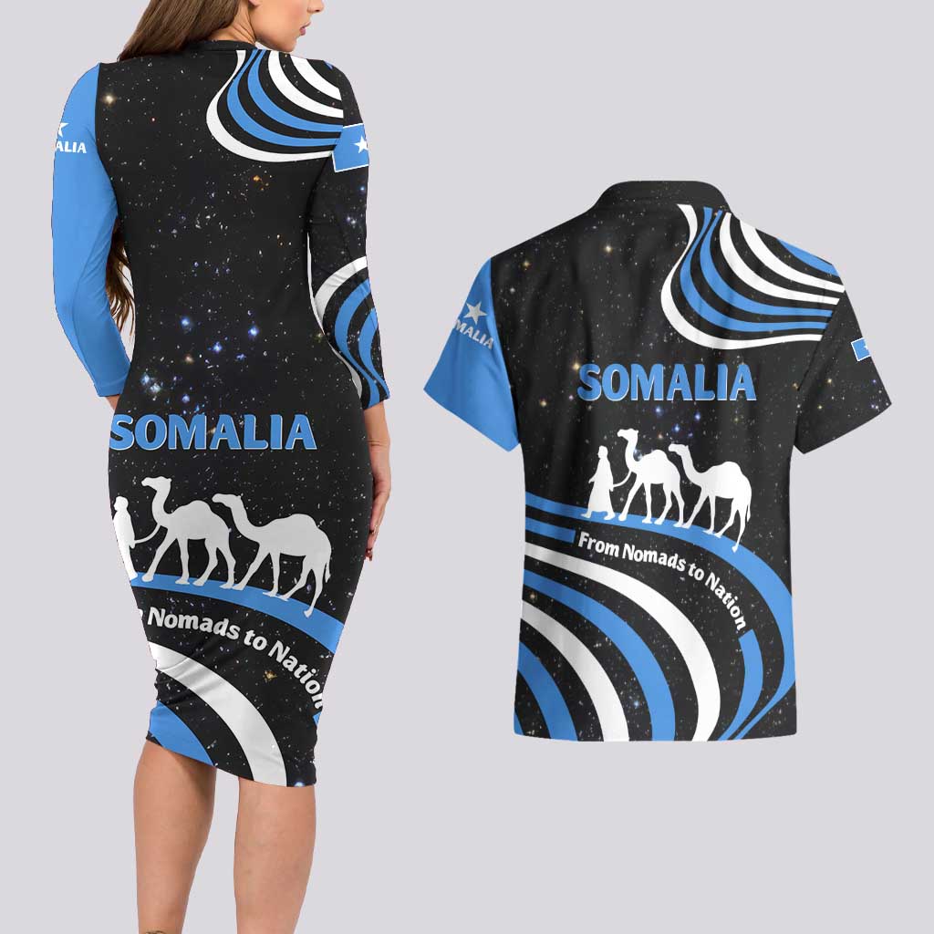 Somalia Couples Matching Long Sleeve Bodycon Dress and Hawaiian Shirt with From Nomads to Nation Camel Galaxy Flag Spirit
