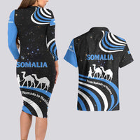 Somalia Couples Matching Long Sleeve Bodycon Dress and Hawaiian Shirt with From Nomads to Nation Camel Galaxy Flag Spirit