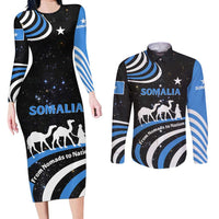 Somalia Couples Matching Long Sleeve Bodycon Dress and Long Sleeve Button Shirt with From Nomads to Nation Camel Galaxy Flag Spirit