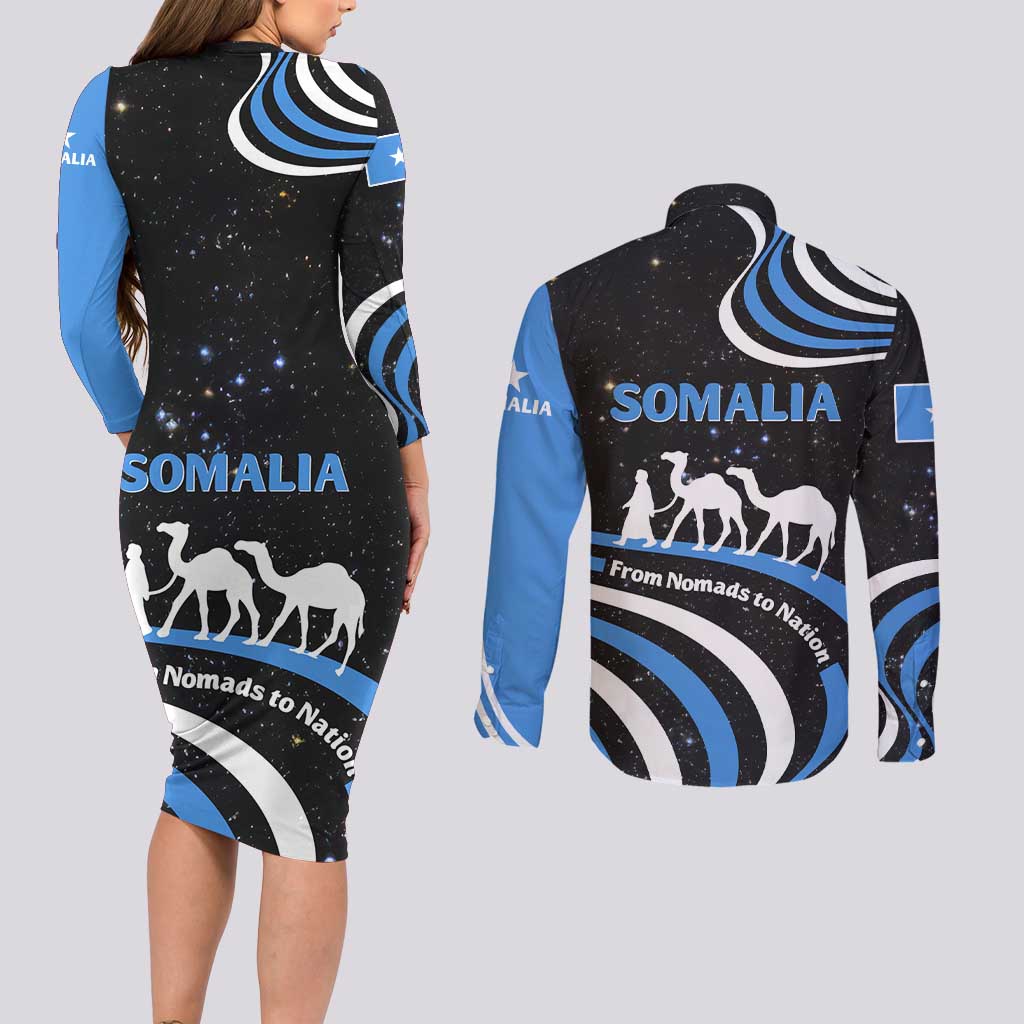 Somalia Couples Matching Long Sleeve Bodycon Dress and Long Sleeve Button Shirt with From Nomads to Nation Camel Galaxy Flag Spirit