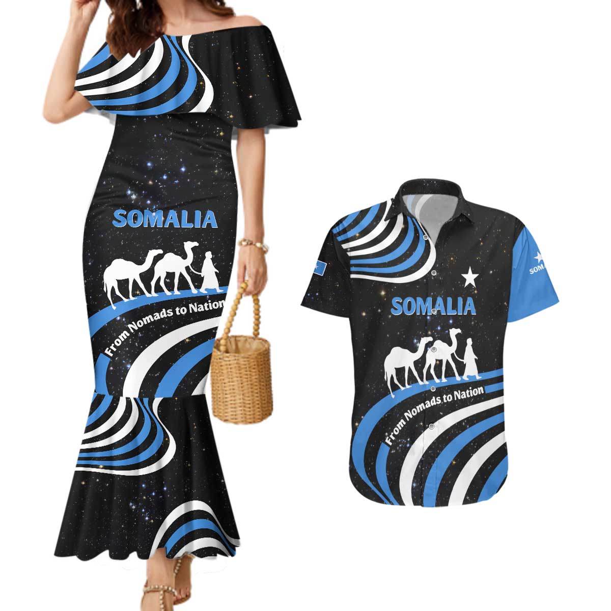 Somalia Couples Matching Mermaid Dress and Hawaiian Shirt with From Nomads to Nation Camel Galaxy Flag Spirit