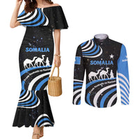 Somalia Couples Matching Mermaid Dress and Long Sleeve Button Shirt with From Nomads to Nation Camel Galaxy Flag Spirit