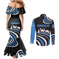 Somalia Couples Matching Mermaid Dress and Long Sleeve Button Shirt with From Nomads to Nation Camel Galaxy Flag Spirit