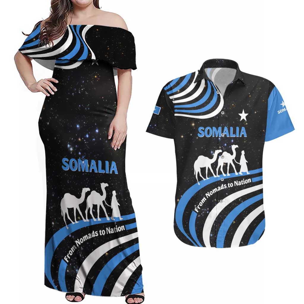 Somalia Couples Matching Off Shoulder Maxi Dress and Hawaiian Shirt with From Nomads to Nation Camel Galaxy Flag Spirit