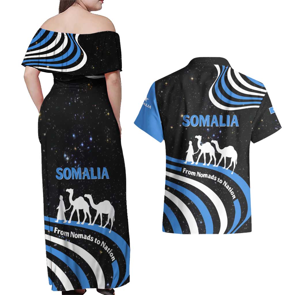 Somalia Couples Matching Off Shoulder Maxi Dress and Hawaiian Shirt with From Nomads to Nation Camel Galaxy Flag Spirit