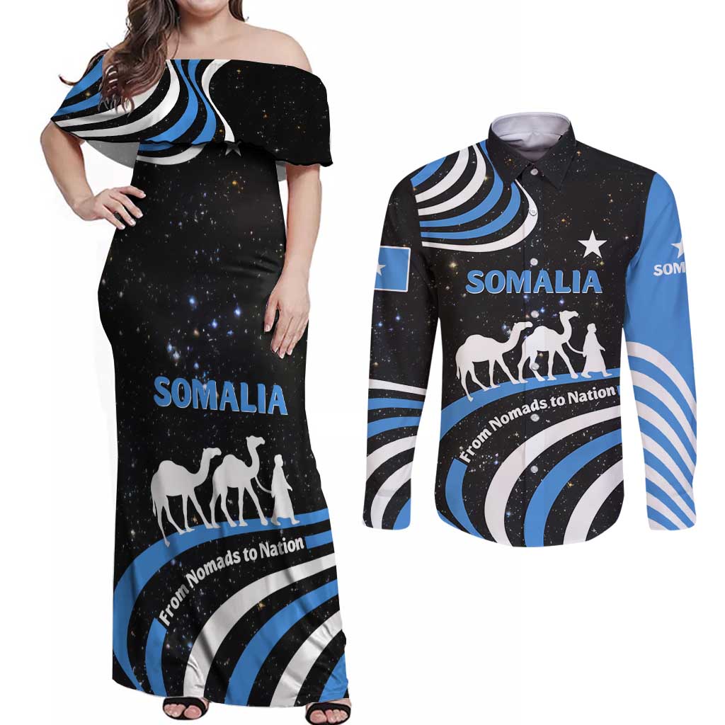 Somalia Couples Matching Off Shoulder Maxi Dress and Long Sleeve Button Shirt with From Nomads to Nation Camel Galaxy Flag Spirit