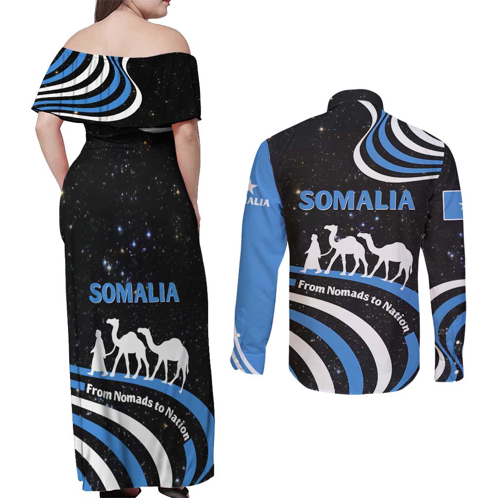 Somalia Couples Matching Off Shoulder Maxi Dress and Long Sleeve Button Shirt with From Nomads to Nation Camel Galaxy Flag Spirit