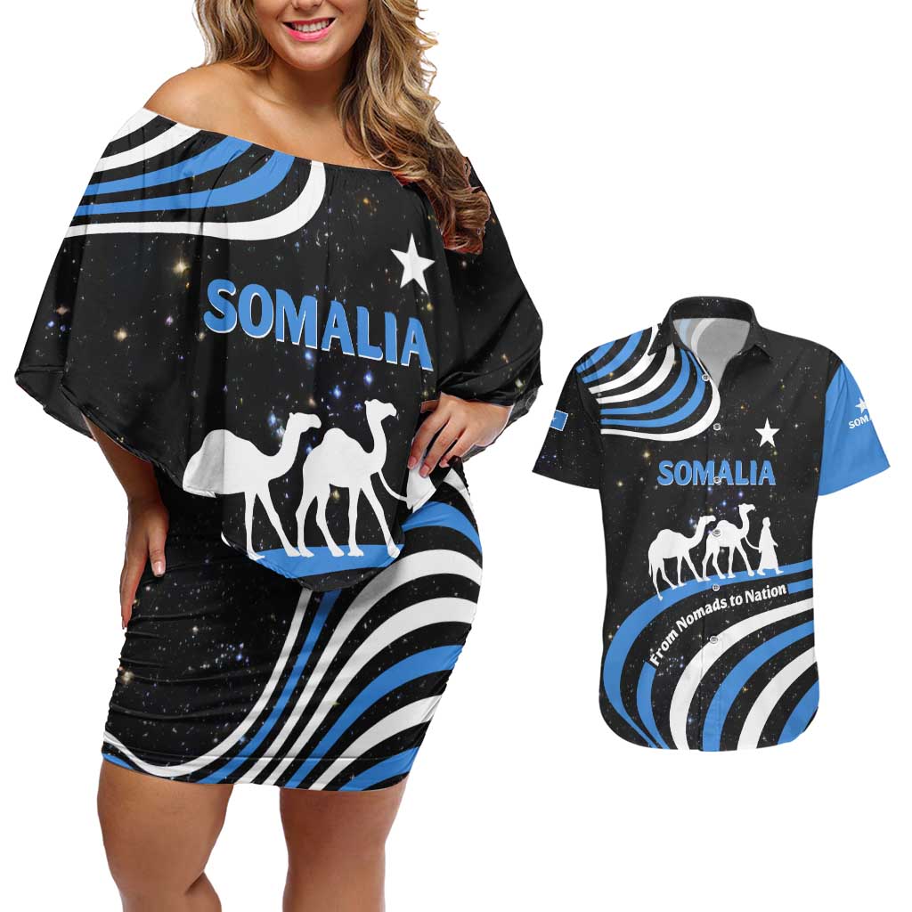 Somalia Couples Matching Off Shoulder Short Dress and Hawaiian Shirt with From Nomads to Nation Camel Galaxy Flag Spirit