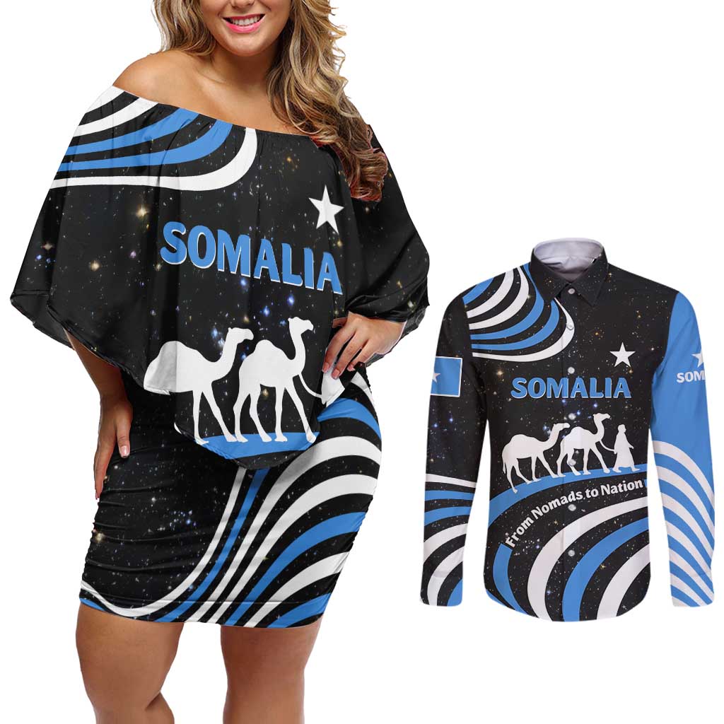 Somalia Couples Matching Off Shoulder Short Dress and Long Sleeve Button Shirt with From Nomads to Nation Camel Galaxy Flag Spirit