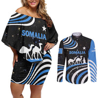 Somalia Couples Matching Off Shoulder Short Dress and Long Sleeve Button Shirt with From Nomads to Nation Camel Galaxy Flag Spirit