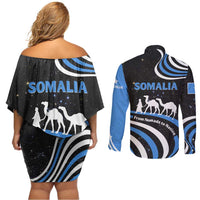 Somalia Couples Matching Off Shoulder Short Dress and Long Sleeve Button Shirt with From Nomads to Nation Camel Galaxy Flag Spirit