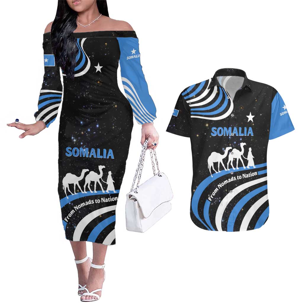 Somalia Couples Matching Off The Shoulder Long Sleeve Dress and Hawaiian Shirt with From Nomads to Nation Camel Galaxy Flag Spirit