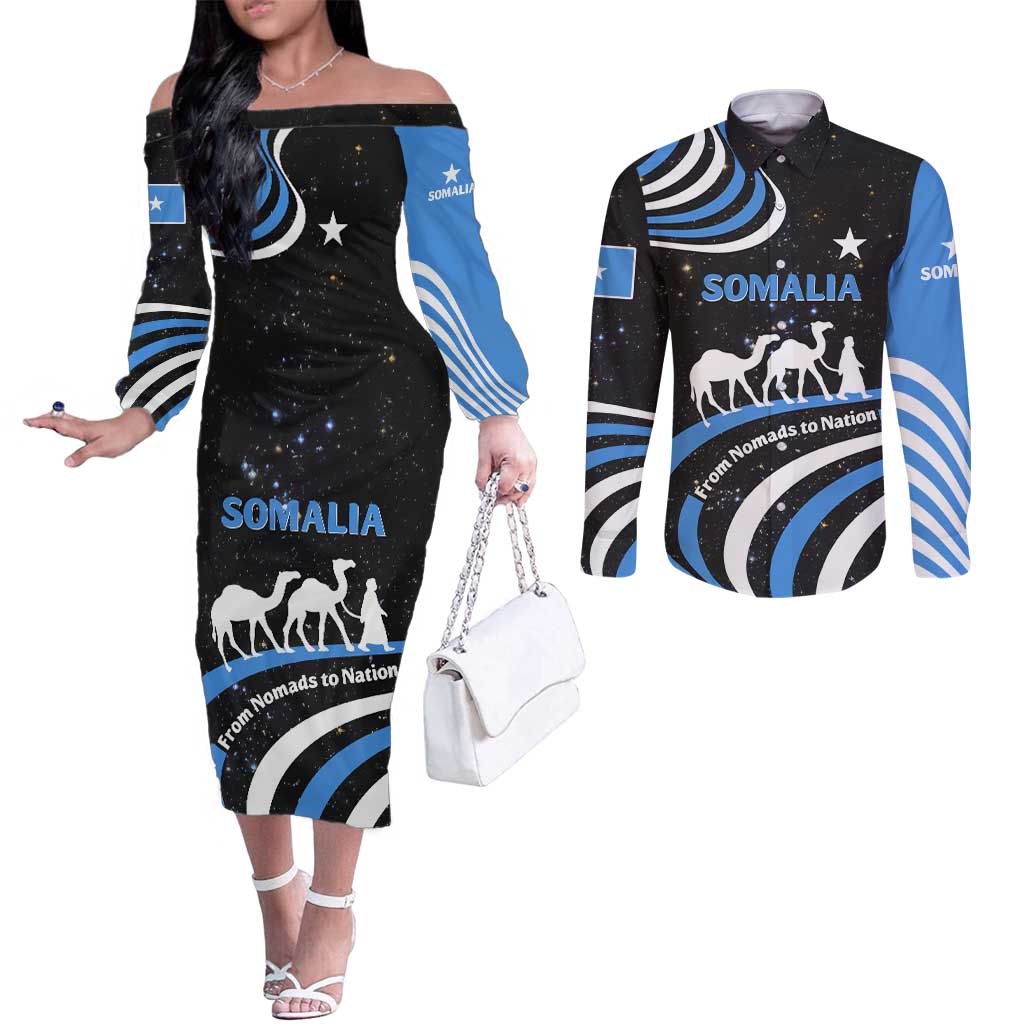 Somalia Couples Matching Off The Shoulder Long Sleeve Dress and Long Sleeve Button Shirt with From Nomads to Nation Camel Galaxy Flag Spirit