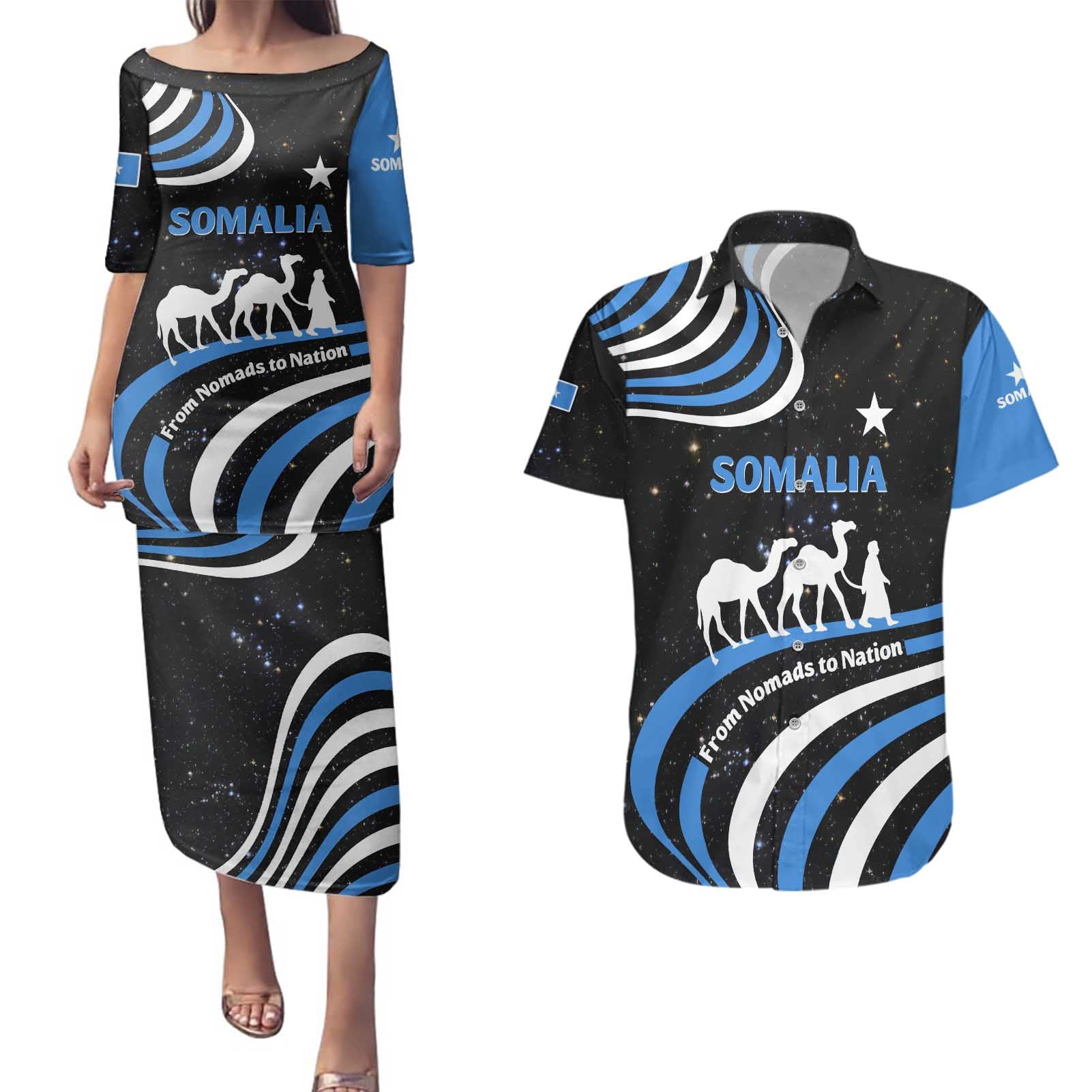 Somalia Couples Matching Puletasi and Hawaiian Shirt with From Nomads to Nation Camel Galaxy Flag Spirit
