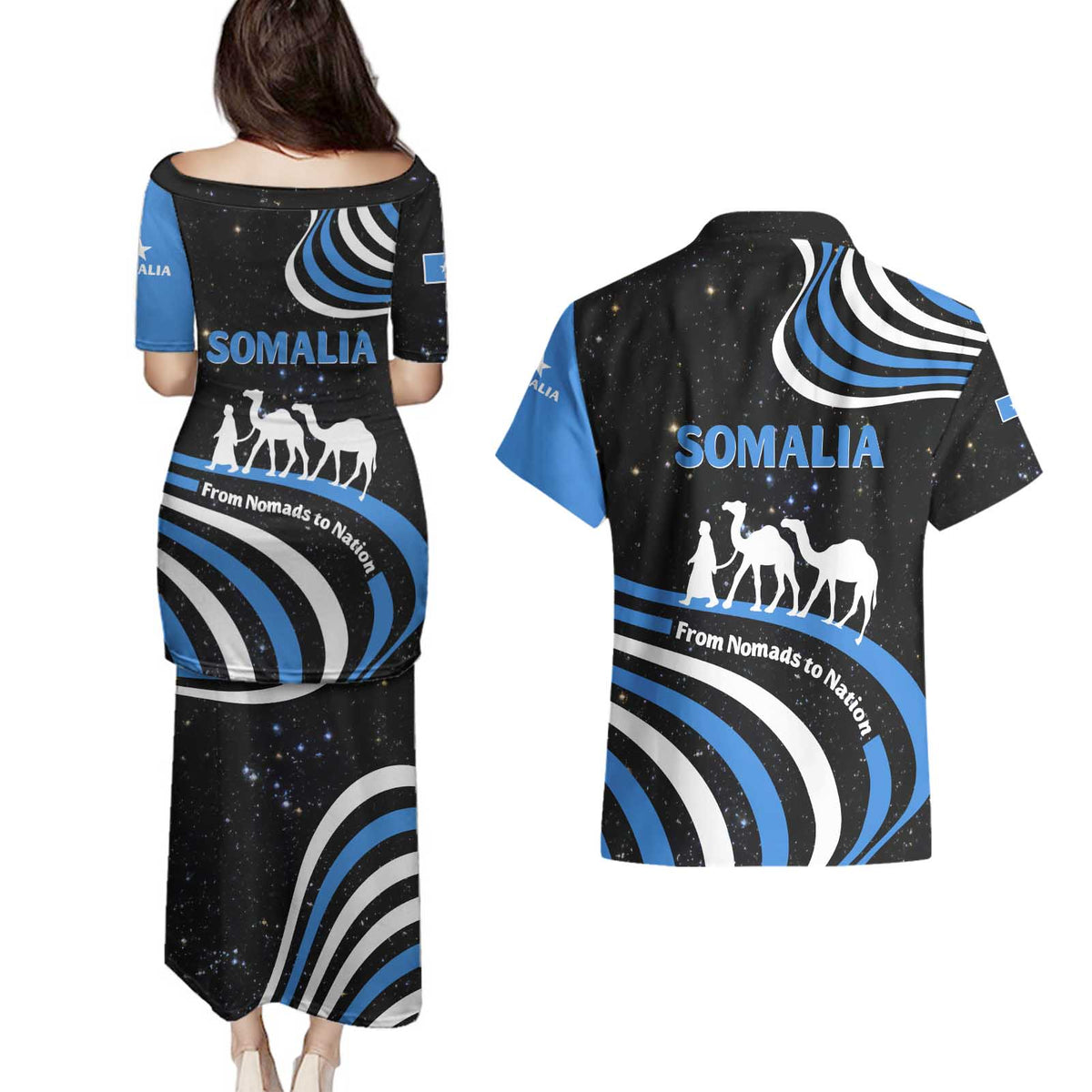 Somalia Couples Matching Puletasi and Hawaiian Shirt with From Nomads to Nation Camel Galaxy Flag Spirit