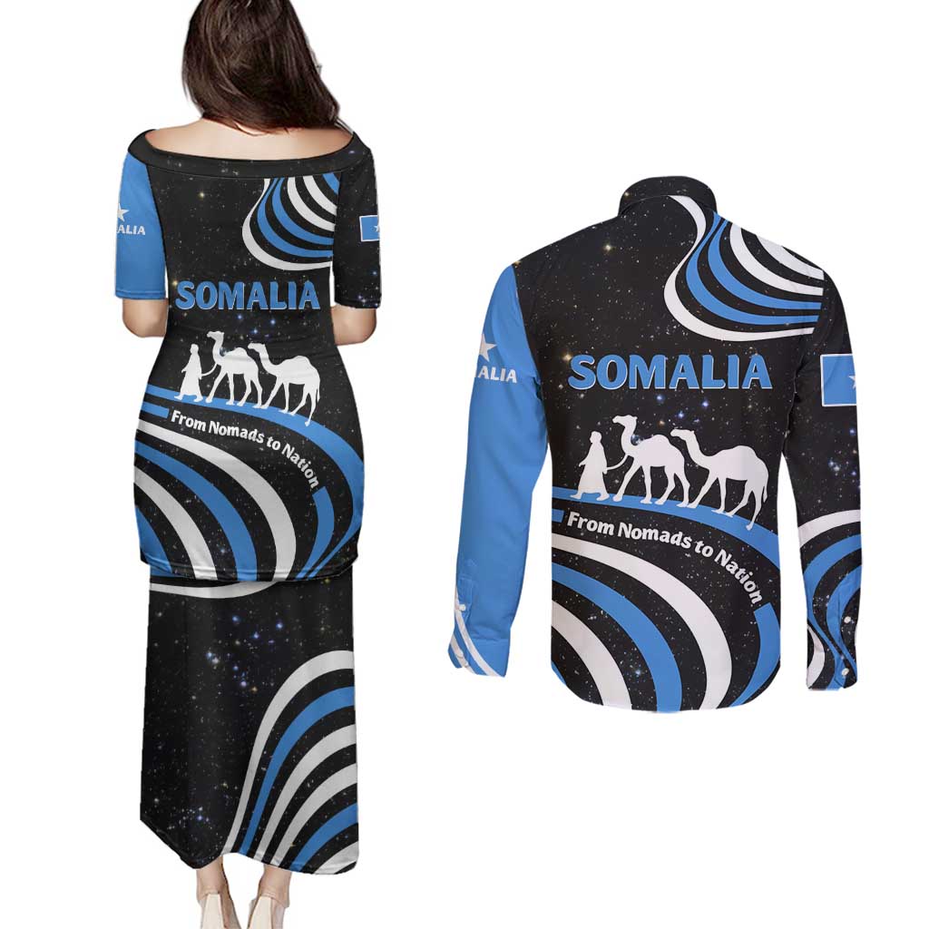 Somalia Couples Matching Puletasi and Long Sleeve Button Shirt with From Nomads to Nation Camel Galaxy Flag Spirit