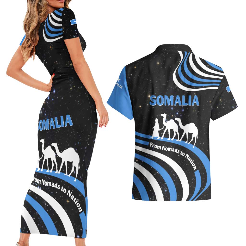 Somalia Couples Matching Short Sleeve Bodycon Dress and Hawaiian Shirt with From Nomads to Nation Camel Galaxy Flag Spirit