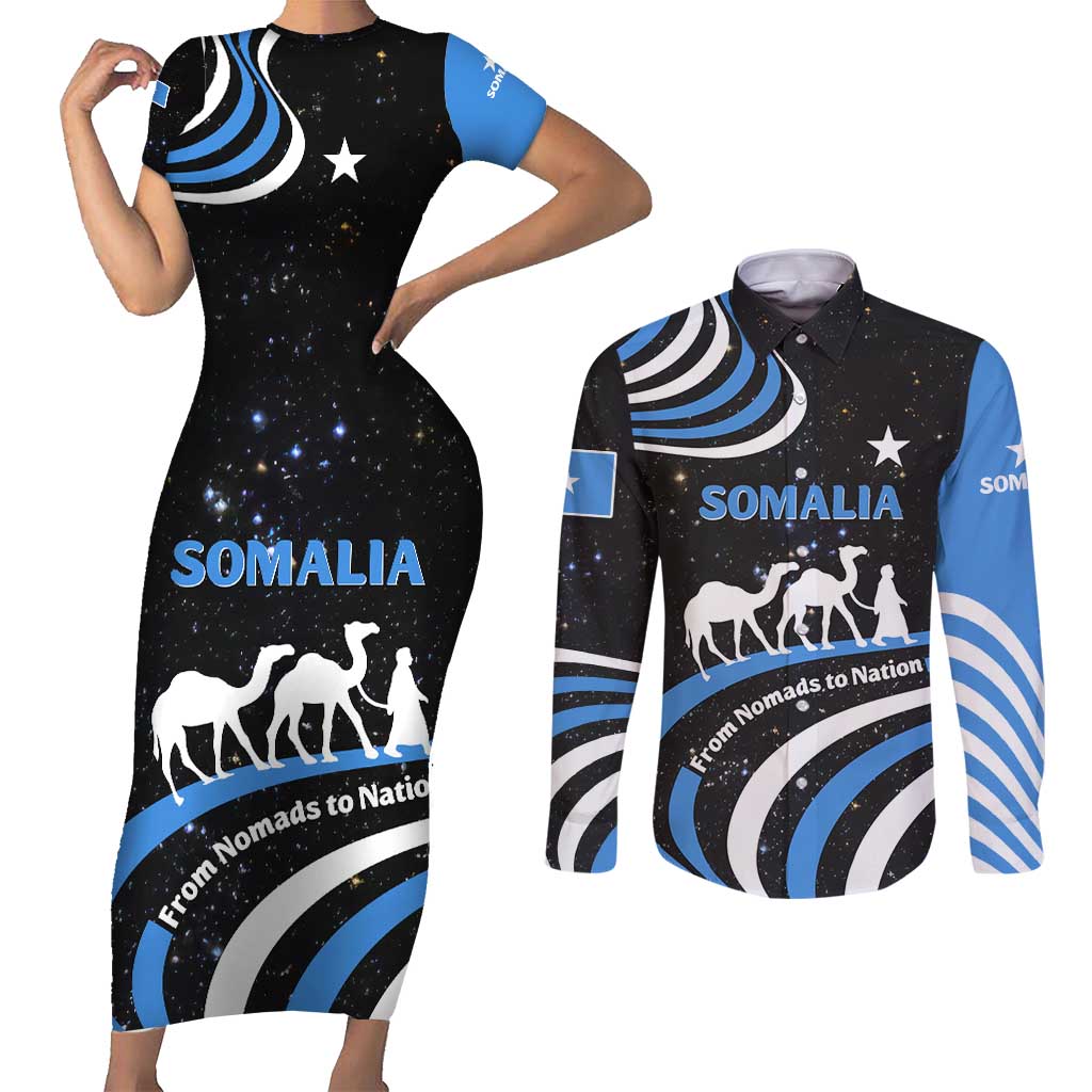 Somalia Couples Matching Short Sleeve Bodycon Dress and Long Sleeve Button Shirt with From Nomads to Nation Camel Galaxy Flag Spirit