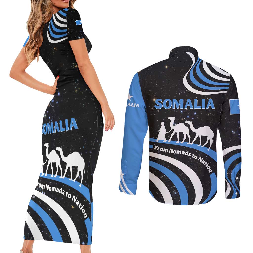 Somalia Couples Matching Short Sleeve Bodycon Dress and Long Sleeve Button Shirt with From Nomads to Nation Camel Galaxy Flag Spirit