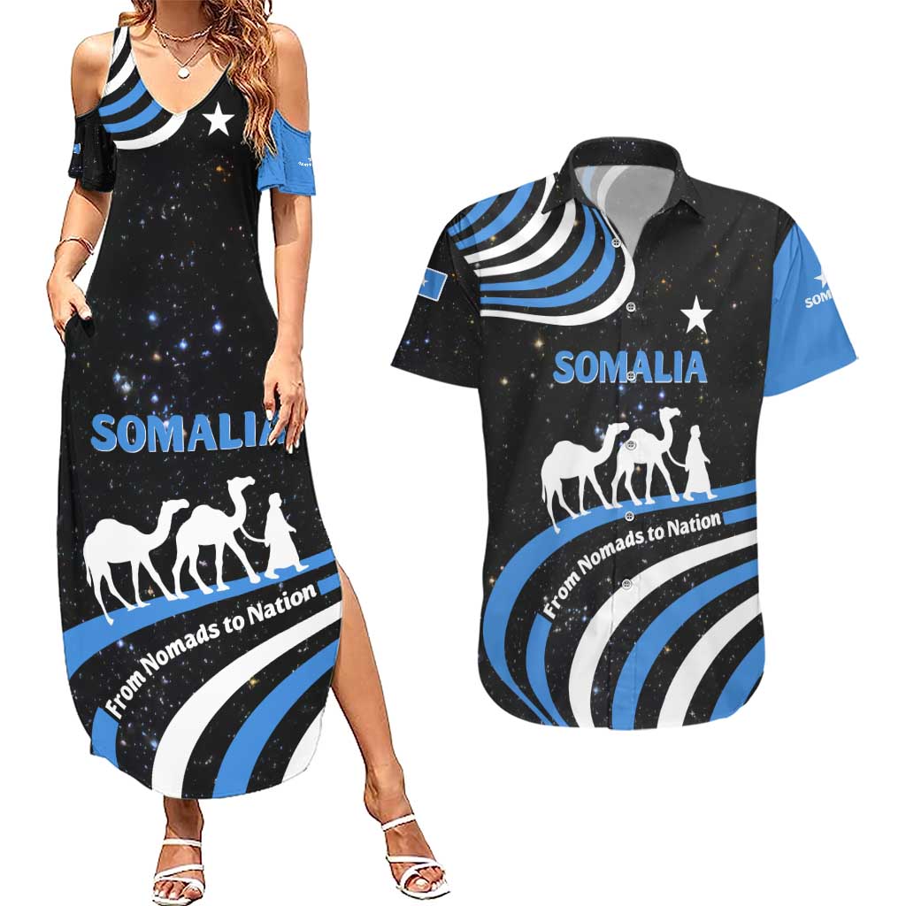 Somalia Couples Matching Summer Maxi Dress and Hawaiian Shirt with From Nomads to Nation Camel Galaxy Flag Spirit
