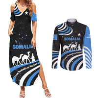 Somalia Couples Matching Summer Maxi Dress and Long Sleeve Button Shirt with From Nomads to Nation Camel Galaxy Flag Spirit