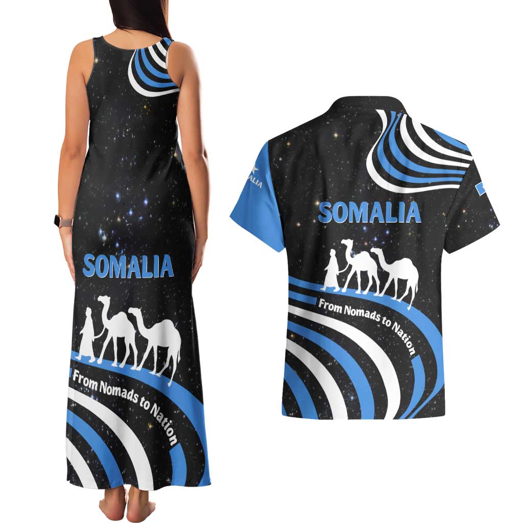 Somalia Couples Matching Tank Maxi Dress and Hawaiian Shirt with From Nomads to Nation Camel Galaxy Flag Spirit