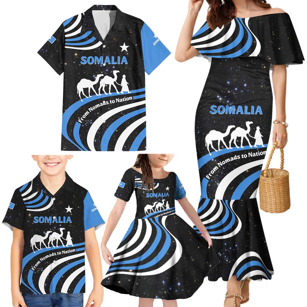 Somalia Family Matching Mermaid Dress and Hawaiian Shirt with From Nomads to Nation Camel Galaxy Flag Spirit