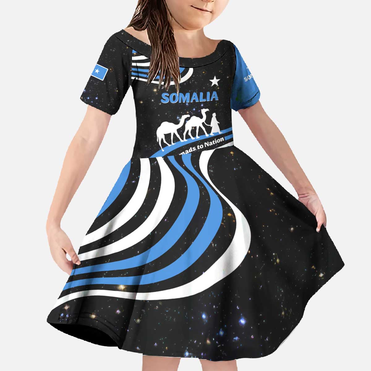 Somalia Family Matching Off The Shoulder Long Sleeve Dress and Hawaiian Shirt with From Nomads to Nation Camel Galaxy Flag Spirit