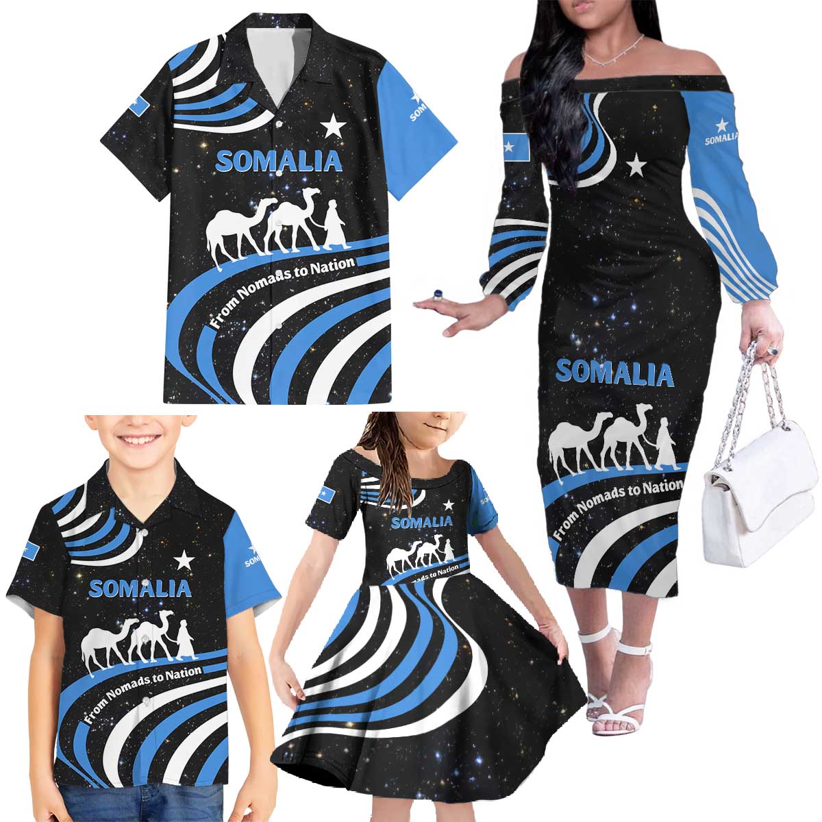 Somalia Family Matching Off The Shoulder Long Sleeve Dress and Hawaiian Shirt with From Nomads to Nation Camel Galaxy Flag Spirit