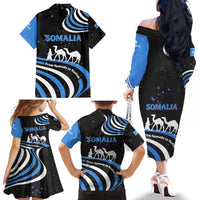 Somalia Family Matching Off The Shoulder Long Sleeve Dress and Hawaiian Shirt with From Nomads to Nation Camel Galaxy Flag Spirit