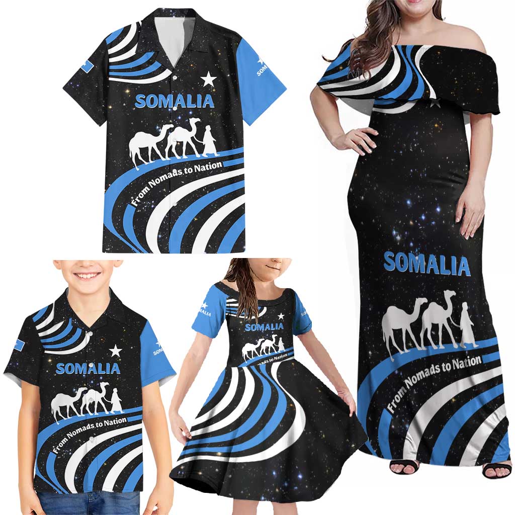 Somalia Family Matching Off Shoulder Maxi Dress and Hawaiian Shirt with From Nomads to Nation Camel Galaxy Flag Spirit