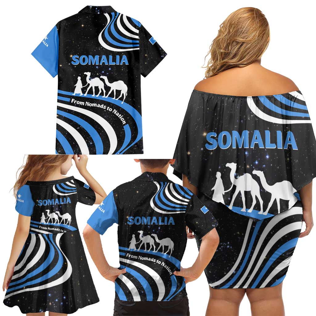Somalia Family Matching Off Shoulder Short Dress and Hawaiian Shirt with From Nomads to Nation Camel Galaxy Flag Spirit
