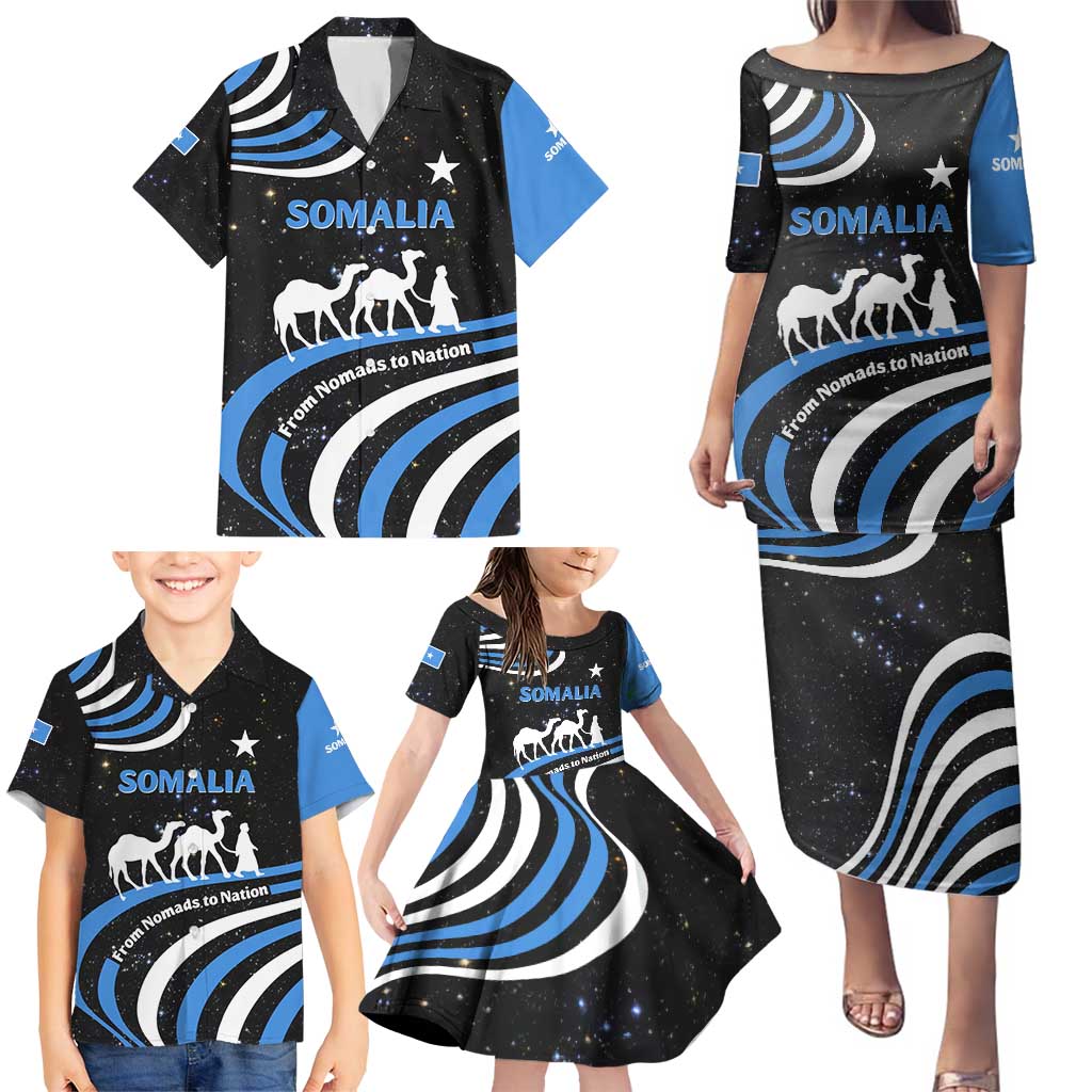 Somalia Family Matching Puletasi and Hawaiian Shirt with From Nomads to Nation Camel Galaxy Flag Spirit