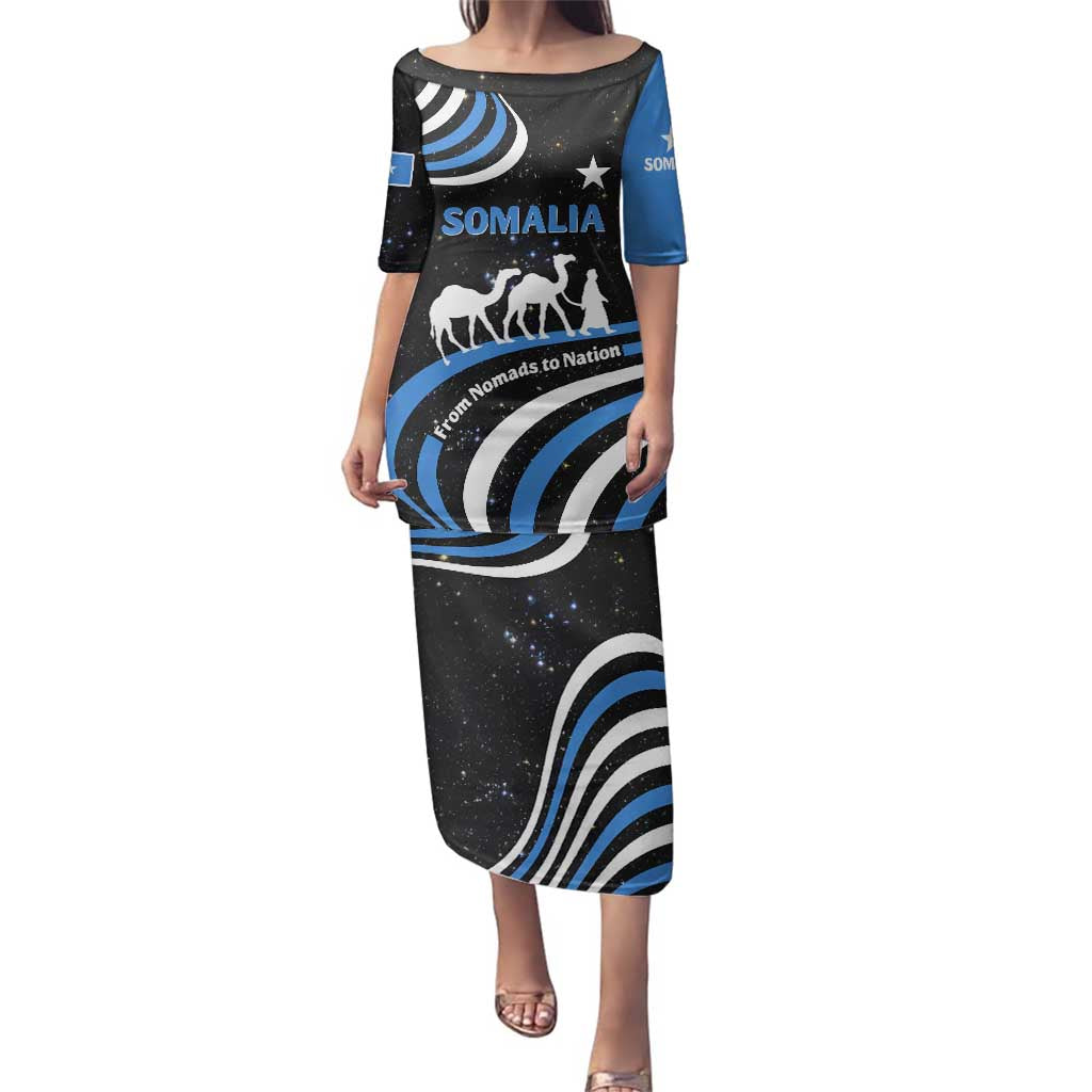 Somalia Family Matching Puletasi and Hawaiian Shirt with From Nomads to Nation Camel Galaxy Flag Spirit