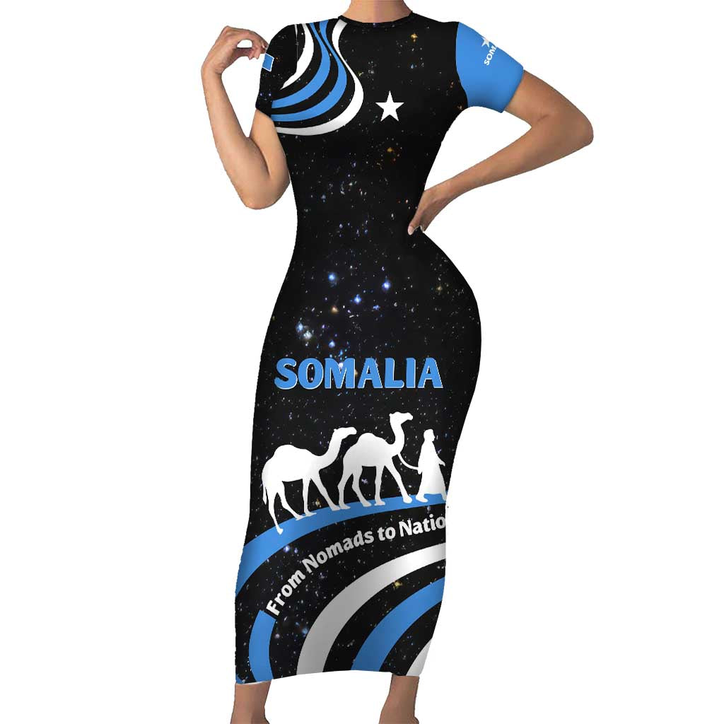 Somalia Family Matching Short Sleeve Bodycon Dress and Hawaiian Shirt with From Nomads to Nation Camel Galaxy Flag Spirit