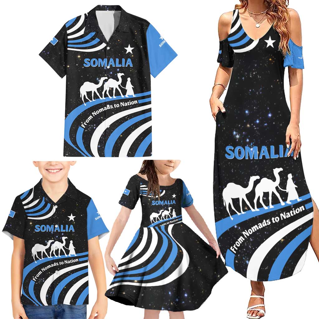 Somalia Family Matching Summer Maxi Dress and Hawaiian Shirt with From Nomads to Nation Camel Galaxy Flag Spirit