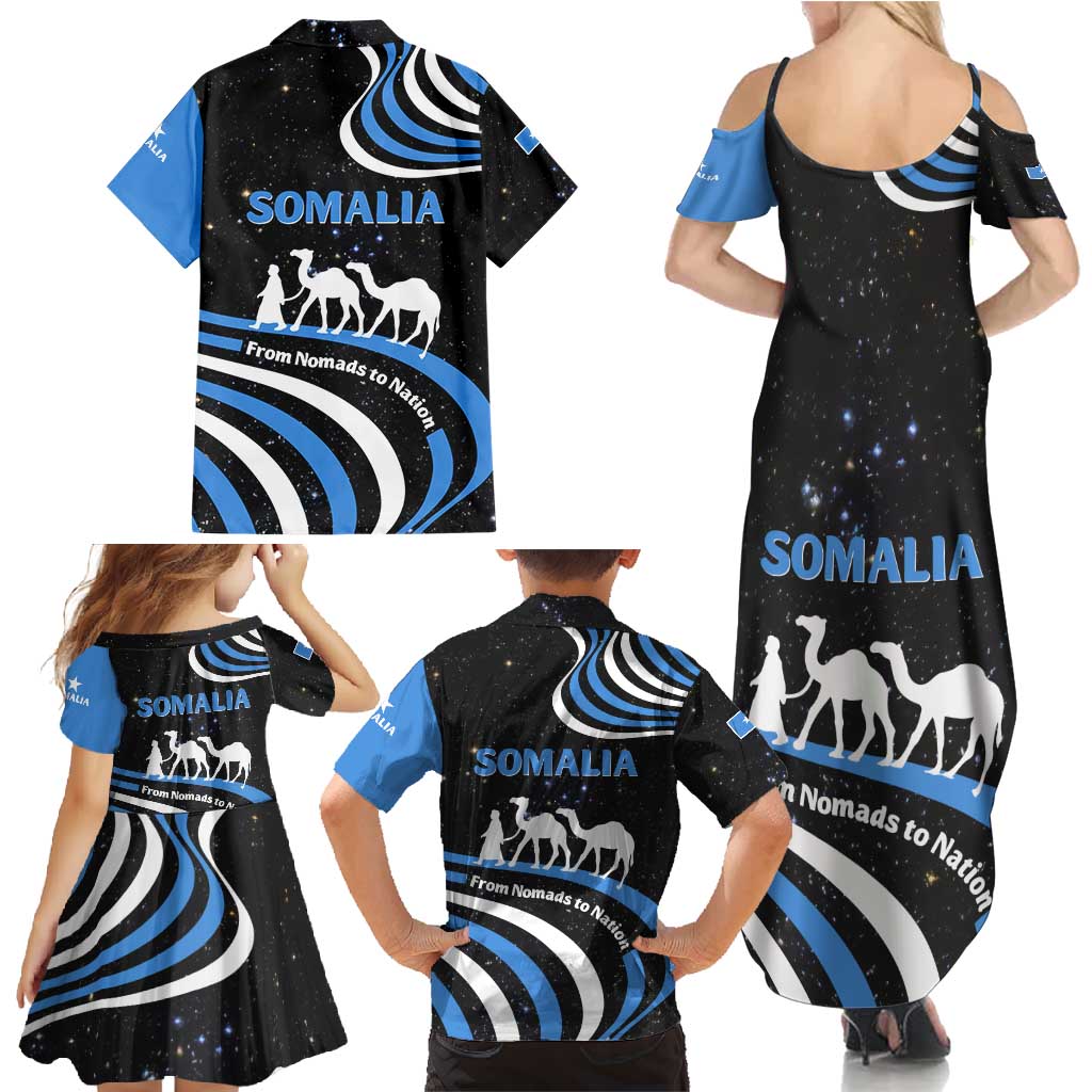 Somalia Family Matching Summer Maxi Dress and Hawaiian Shirt with From Nomads to Nation Camel Galaxy Flag Spirit