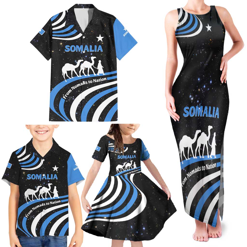 Somalia Family Matching Tank Maxi Dress and Hawaiian Shirt with From Nomads to Nation Camel Galaxy Flag Spirit