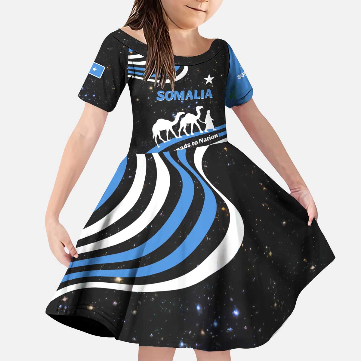 Somalia Kid Short Sleeve Dress with From Nomads to Nation Camel Galaxy Flag Spirit