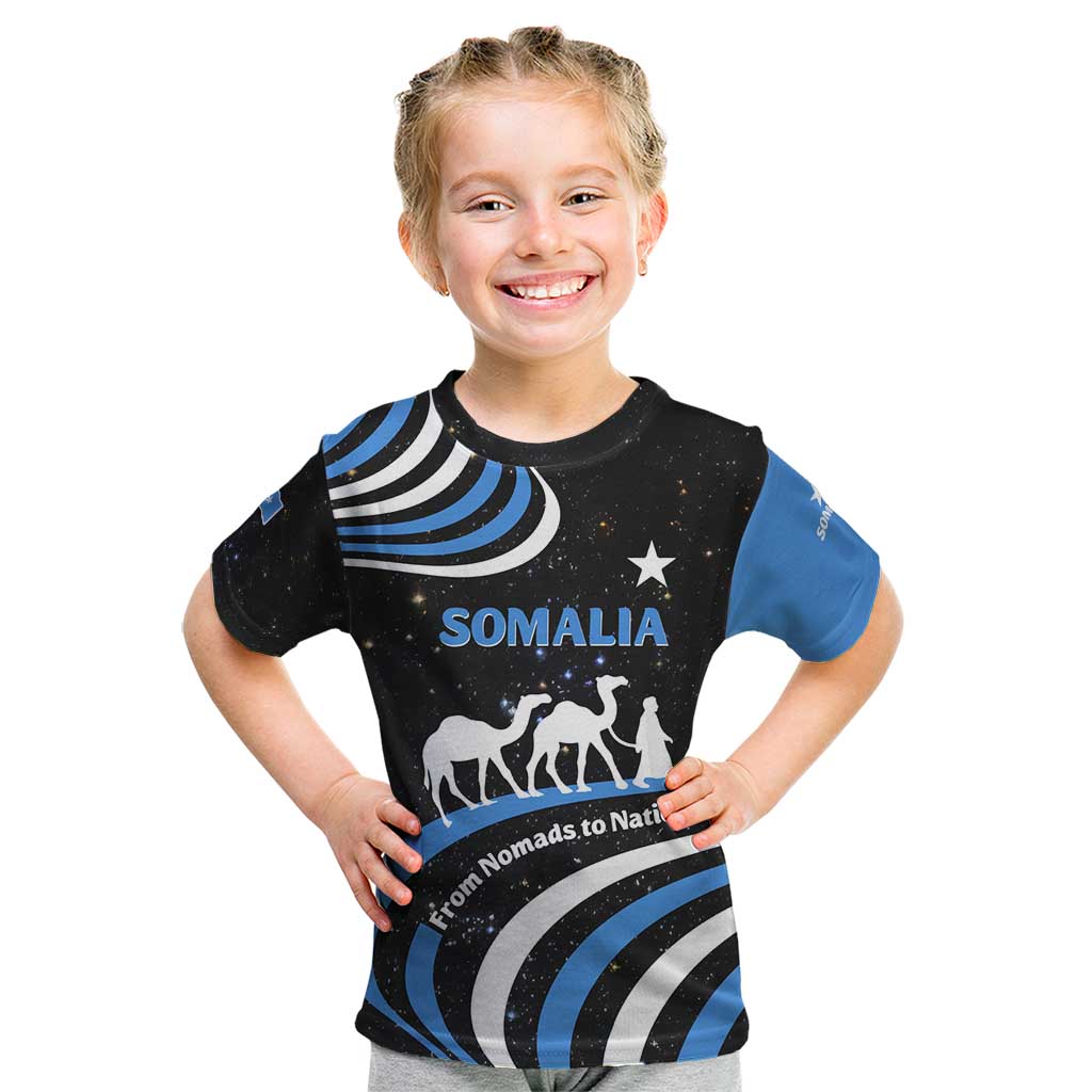 Somalia Kid T Shirt with From Nomads to Nation Camel Galaxy Flag Spirit