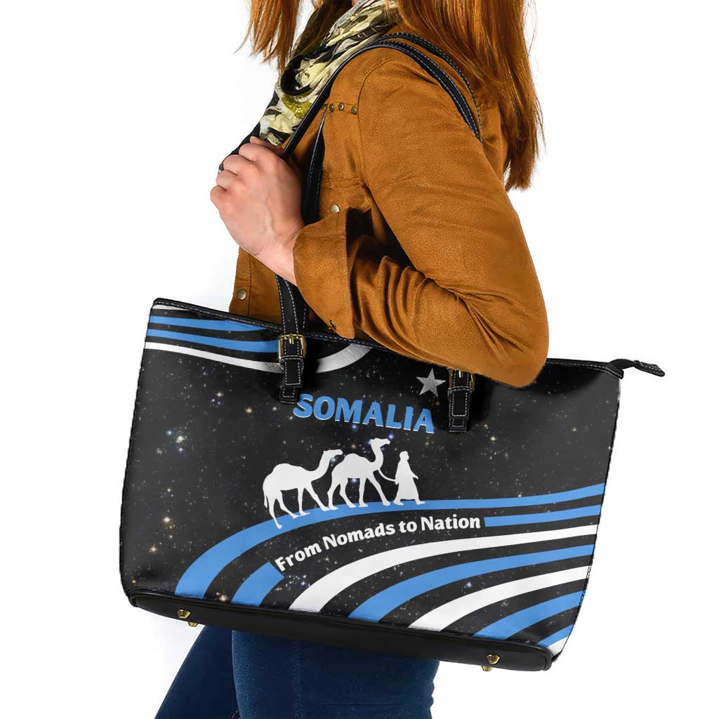 Somalia Leather Tote Bag with From Nomads to Nation Camel Galaxy Flag Spirit